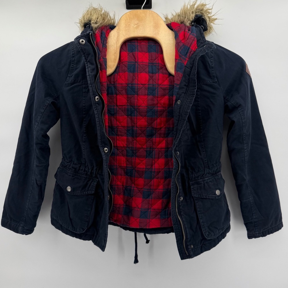 Hollister Women's M Y2K Parka Jacket Navy Faux Fur Hood Plaid Lined Utility Coat